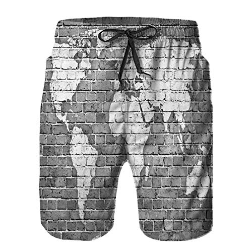 Pantalones Cortos De Playa para Hombres,Mapa del mundo en la construcción de la pared de ladrillo antiguo,Pantalones De Chándal De Secado Rápido, Bañador De Verano para Ejercicios Al Aire Libre XL