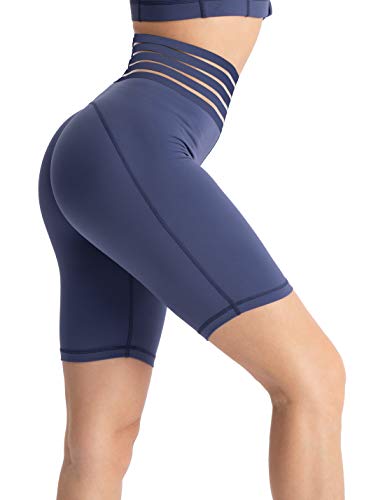 Pantalones cortos Hopgo para mujer de 7 cm de cintura alta con filamentos con bandas de yoga, pantalones cortos de entrenamiento para correr -  Azul -  S