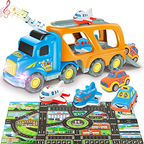 Paochocky 5 en 1 Camión Transportador Coches Juguete con Luz y Sonido Incluye Aviones autobús Taxi Coches Juguete con Play Mat Regalo de Cumpleaños Fiestas para Niños 3 4 5 6 7 8 años