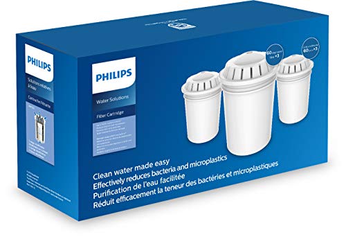 Philips - AWP261 - Cartucho Filtro de agua para Jarras Philips AWP2950, AWP2970, Reduce la cal, contaminantes y microplásticos, Capacidad de filtrado 200 Litros / 1 mes, Pack 3 Unidades