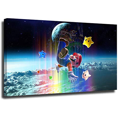 Pintura al óleo 3D Luigi Mario Modern Lienzo Impresiones Pintura Pintura Decoración del Hogar Decoración de Pared Super Mario Galaxy 2 Rainbow para Niños Enmarcados Listo para colgar 71,1 x 50,8 cm