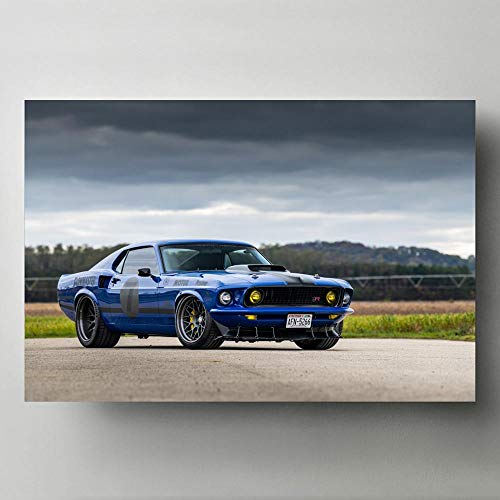 Pintura al óleo póster Fords1969 Mustang Mach 1 carteles de coches metálicos azules imagen artística de pared moderna impresiones HD para decoración de sala de estar 50x70cm