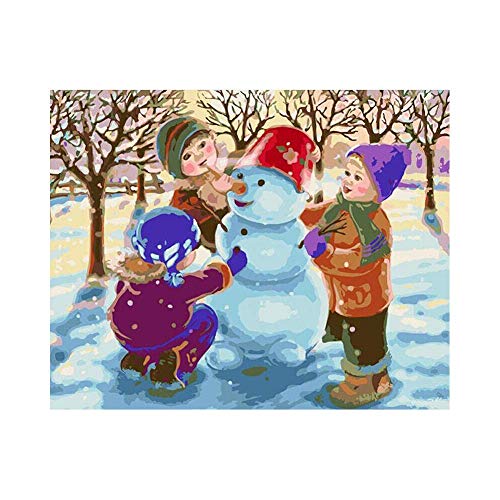 Pintura de Bricolaje por números Lienzo preimpreso Navidad Tres niños Jugando muñeco de Nieve Adultos Niños dibujando por números Regalo -40x50cm (sin Marco)