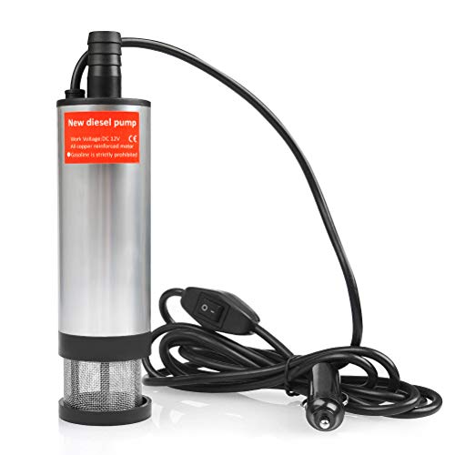 QLOUNI 12V 35L/min Bomba Sumergible de Agua del Acero Inoxidable Bomba de Combustible Diesel Transferencia de Líquido Diámetro 51mm Cable de 2.6m con Encendedor de Cigarrillos para Coche