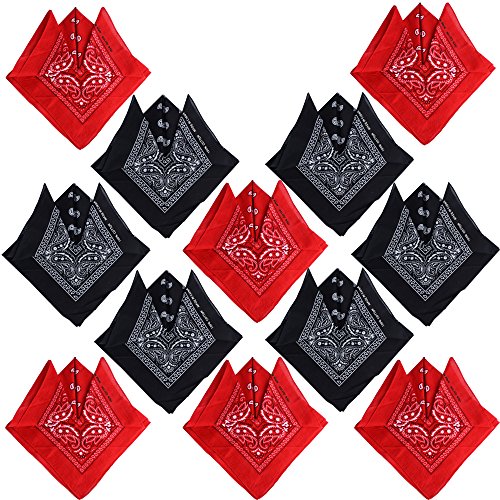 QUMAO Pañuelos Bandanas de Modelo de Paisley para Cuello/Cabeza Multicolor Múltiple para Mujer y Hombre (Pack de 12; Rojo&negro)