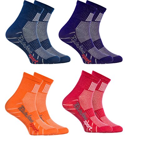 Rainbow Socks - Niño Niña Calcetines Deporte Colores Algodón - 4 Pares - Jeans Violeta Naranja Rojo - Talla 30-35