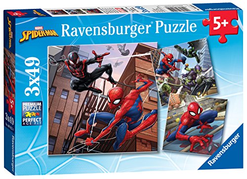Ravensburger Juego de 3 Puzzles con el Personaje de Marvel; El Hombre Araña de la Marca, Tres Rompecabezas, Cada uno Tiene 49 Piezas