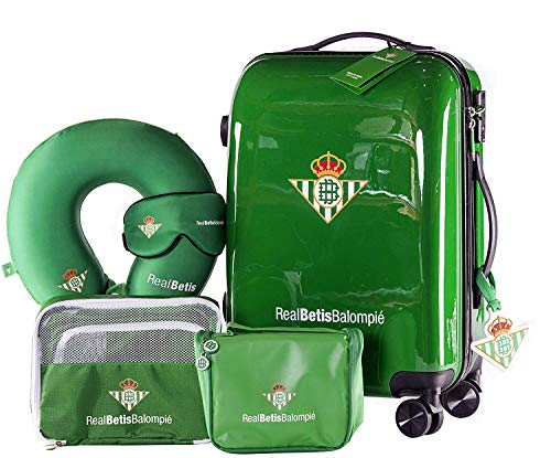 Real Betis Balompié - Pack de Viaje Maleta y Accesorios - Producto Oficial del Equipo Temporada 19/20. Incluye Almohada Cervical, Organizador de Equipaje, Neceser, Antifaz y Etiqueta de Equipaje.