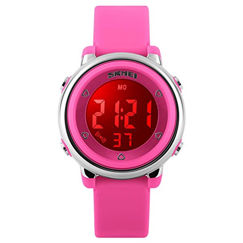 Reloj digital resistente al agua para niñas, colorido, luminiscente, con alarma y cronómetro, rosa