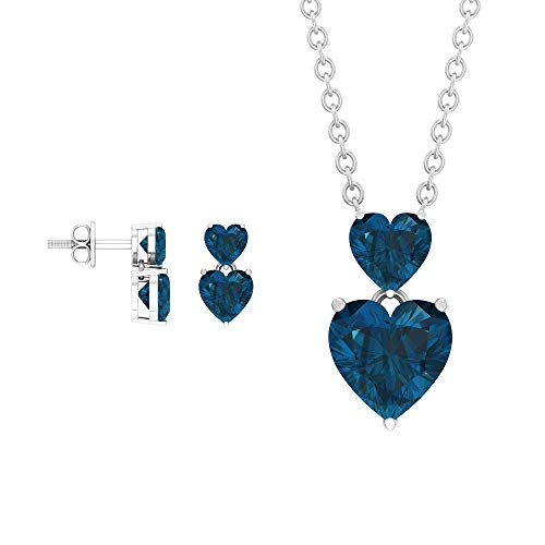 Rosec Jewels - Juego de pendientes de topacio azul de 3,75 quilates, collar con piedras preciosas en forma de corazón, pendientes de doble corazón (calidad AAA) azul