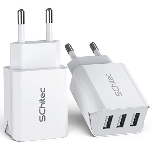 SCHITEC Conector de carga USB, 2 unidades, 3 puertos, 15 W, 3 A, conector de alimentación USB, adaptador de carga, para iPhone 11 x 8 6, iPad, tableta, Samsung Galaxy S9 S8, Huawei y más (blanco)