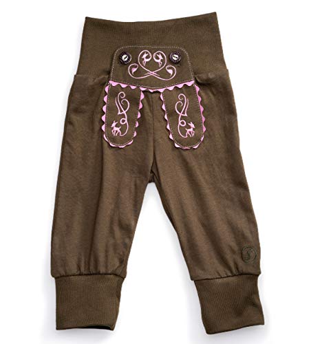 Schöneberger Trachten Couture Pantalones de tela para bebé con diseño de pantalones de piel – Pantalones de bebé con cintura elástica – Pantalones bombachos para niños y niñas Verde-Rosa 110/116 cm