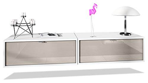 Set de 2 Muebles televisor Colgantes Lana 80, Cada Parte del Set Mide 80 x 29 x 37 cm, Cuerpo en Blanco Mate, frentes en Gris Arena de Alto Brillo