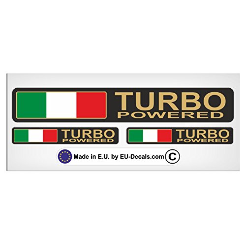 Set of 3 Turbo Powered & Italian Italy flag with Gold letters Laminated Decal Sticker by MioVespa Collection