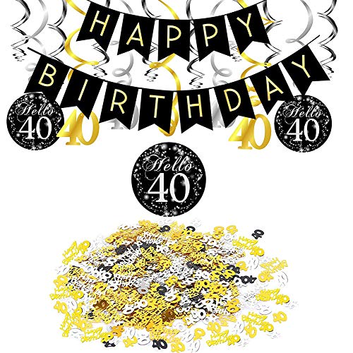 SIMUER 40 cumpleaños Negro Colgar Remolino decoración de Techo, Feliz cumpleaños & 40 Mesa Confeti Número Confeti para Aniversario 40 Aniversario Decoración