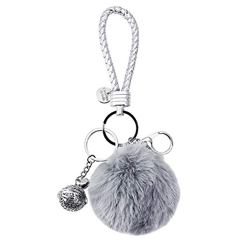 SNAGAROG - Llavero con pompón para llaves de coche con pelo de conejo muy suave y 1 bonita campana plateada, llavero para mujer