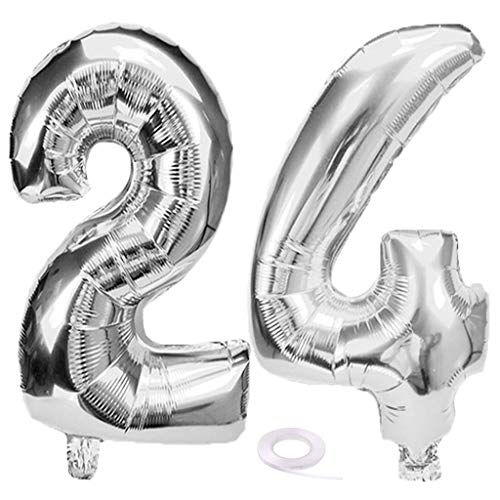 SNOWZAN - Globo de 24 cumpleaños de plata para niña, número 24, número 24