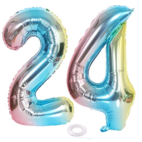 SNOWZAN Globo XL con número 24, arcoíris para niña o niño, globos con número 24 para decoración de cumpleaños, color iridiscente 24 años 32 pulgadas helio gigante para fiesta de cumpleaños