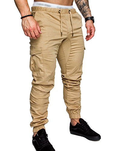 SOMTHRON Hombre Cinturón de Cintura elástico Pantalones de chándal de algodón Largo Jogging Pantalones de Carga Deportiva de Talla Grande Pantalones Cortos con Bolsillos Pantalones (KH-M)