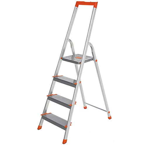 SONGMICS Escalera de 4 Peldaños, Escalera de Aluminio con Peldaños de 12 cm de Ancho, Plegable, Bandeja y Pies Antideslizantes, Carga de 150 kg, TÜV Rheinland, GS EN131, Gris y Naranja GLT004WT01