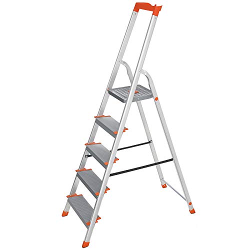 SONGMICS Escalera de 5 Peldaños, Escalera de Aluminio con Peldaños de 12 cm de Ancho, Plegable, Bandeja y Pies Antideslizantes, Carga de 150 kg, TÜV Rheinland, GS EN131, Gris y Naranja GLT005WT01