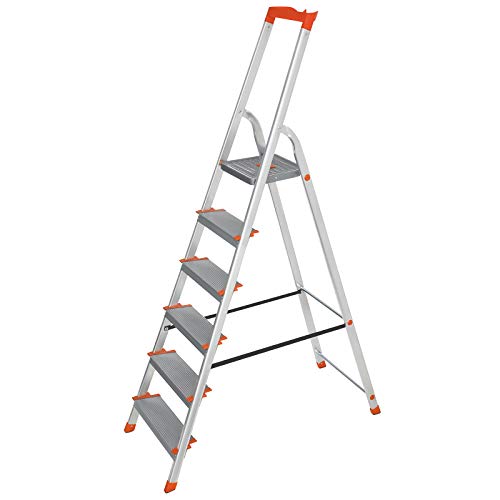 SONGMICS Escalera de 6 Peldaños, Escalera de Aluminio con Peldaños de 12 cm de Ancho, Plegable, Bandeja y Pies Antideslizantes, Carga de 150 kg, TÜV Rheinland, GS EN131, Gris y Naranja GLT006WT01