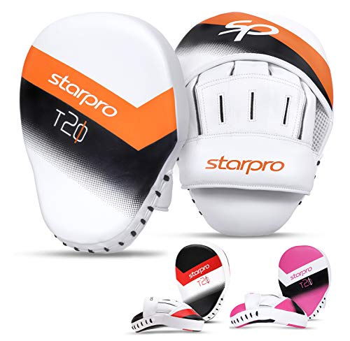 Starpro T20 curvos Manoplas Boxeo | Cuero de PU | Blanco y Rosa | Pads para Coaching en Boxeo MMA Kickboxing Artes Marciales Muay Thai y Entrenamiento