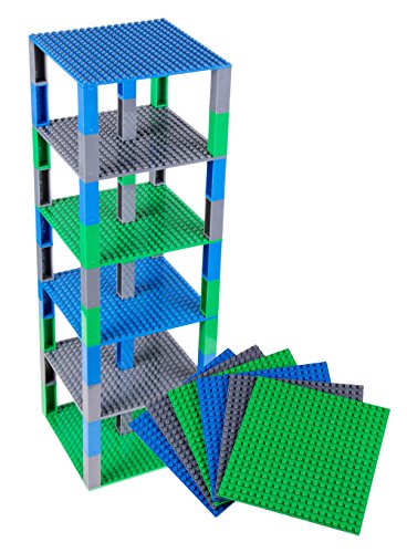 Strictly Briks Pack de 6 Bases con Ladrillos separadores 2 x 2 - Construcción en Forma de Torre - Compatible con Todas Las Marcas - 15,24 x 15,24 cm - Azul, Verde, Gris