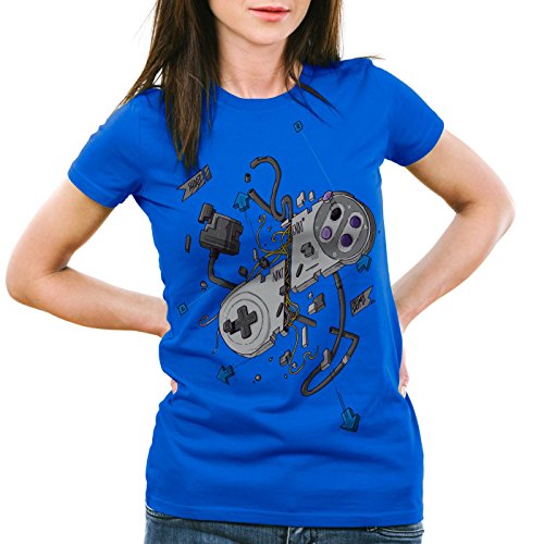 style3 16-bit Mando Camiseta para Mujer T-Shirt SNES NES Kart Yoshi Luigi Mario, Color:Azul, Talla:2XL