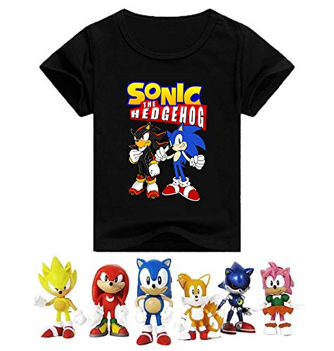 SUPFANS Kids Sonic The Hedgehog Camiseta de manga corta de algodón con mini figuras de Sonic