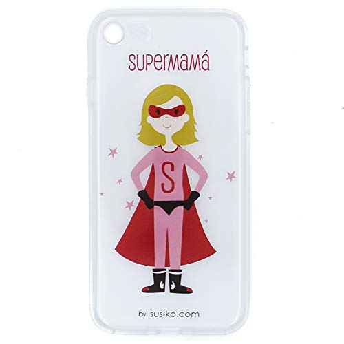 SUSIKO | Funda Transparente | Super Mamá | Compatible con Iphone 7 y Iphone 8 | Peso 25 gr |Poliuretano termoplástico | Diseñado con Amor en España