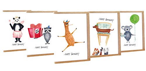 Tarjeta de cumpleaños Juego de 5 Pablo & Friends Trend Animales Happy Birthday DIN A6 con sobres – Fabricado a mano en Hamburgo – 100% papel reciclado
