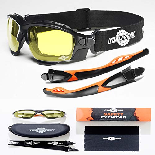 ToolFreak Spoggles Gafas de Seguridad para Trabajo y Deporte, Cristales HD Amarillos, Protección contra Rayos UV e Impactos, Acolchado de Espuma, Correa, Estuche y Tela