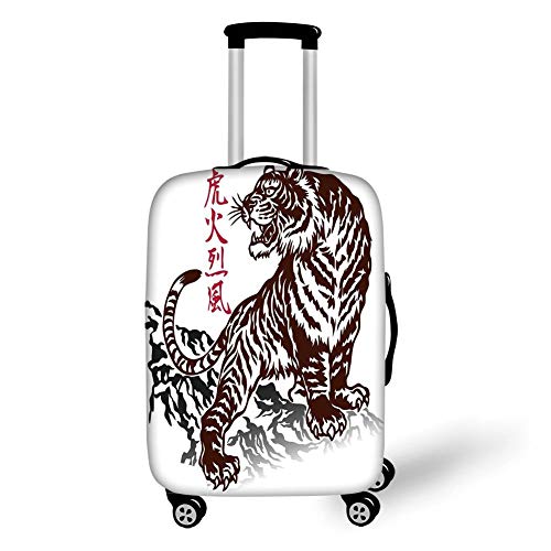 Travel Luggage Cover Suitcase Protector,Tattoo,Wild Chinese Tiger with Stripes and Roaring While Its Paws on Rock Asian Pattern Decorative,Brown White，for Travel,M