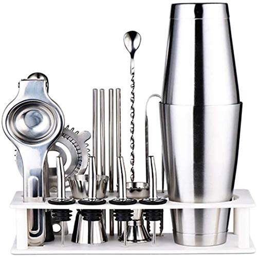 U/K Kit de Barman con Stand, 21 Piezas Conjunto Boston Shaker Cocktail Fabricación para Bares Fiestas y Viajes, 4 Colores para Elegir, sin Fugas, Plata (Color : Silver)