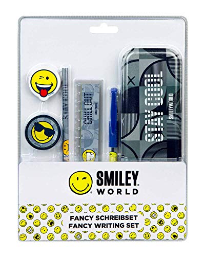 Undercover SMIL6457 - Juego de bolígrafos (6 Piezas, Incluye Estuche, lápiz, Goma de borrar, sacapuntas, Regla y bolígrafo de Gel), diseño de Cara Sonriente