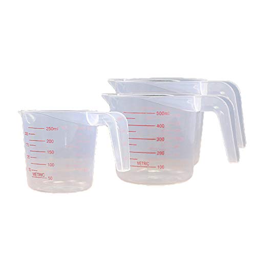 Upkoch - Juego de 3 vasos medidores de plástico (500 ml, 250 ml), con escala clara, para mezclar la pintura, tinte de resina epoxi contenedor de líquido de laboratorio, pvc, Image 1, 500ML 250ML