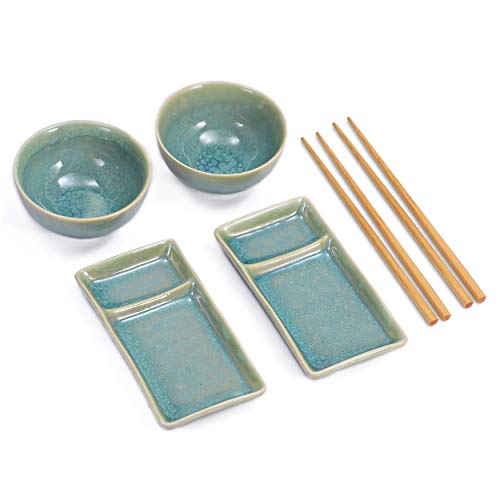 Urban Lifestyle Sushi Set Misaki Turquesa para Dos Personas, 2 Platos, 2 de Sushi de Cuencos de cerámica, 2 Pares Palillos de bambú