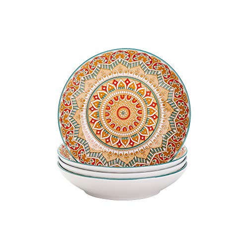 vancasso Serie Mandala Juego de 4 Platos Hondos Platos de Porcelana para Sopa/Ramen Ensalada, 700ML Pintado a Mano Color Amarillo