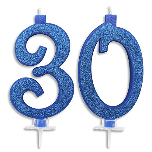 Velas Maxi de 30 años para tarta de cumpleaños de 30 años | Decoración de velas, cumpleaños, aniversario, tarta de 30 | Fiesta temática, altura de 13 cm con purpurina azul o dorado (azul)