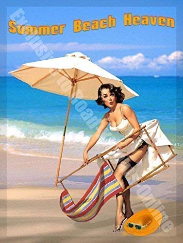 Verano y Playa cielo. Sexy chica de calendario con tumbona, paraguas y sol gorro 30s, 40s y de los años 50. playa Holiday. Metal/Letrero Pared Acero - 40 x 30 cm
