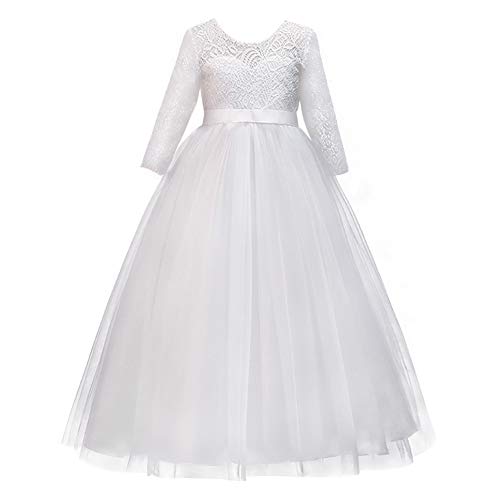 Vestidos De Princesa Fiesta de la Boda de Las Niñas, Bordado, Baile de graduación,Manga Larga Vestido,Princesa,Vestido de Novia S# Blanco 9-10 Años