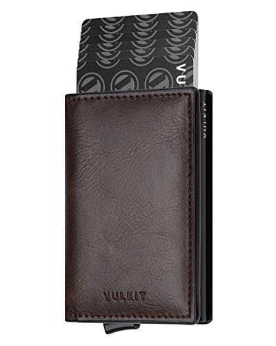 VULKIT Pocket Cartera Tarjetero Hombre Piel con Aluminio Caso RFID Bloqueo Tarjetero Minimalista con 3 Ranuras para Tarjetas y Billetes, Espresso