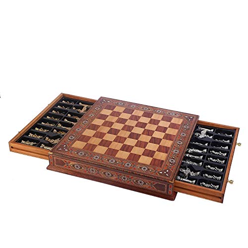WANGZHI Juego de ajedrez metálico Ejército británico Medieval Antiguo de Cobre Piezas Hechas a Mano de la Perla Original a Bordo de Almacenamiento Dentro del Rey 9cm