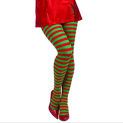 WARMWORD Duende Medias Disfraces de Navidad Disfraz Medias de Rodilla Medias de Rayas Rojas y Verdes de Navidad sobre Calcetines hasta la Rodilla para Mujeres niñas Tamaño Libre