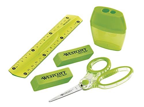 Westcott E-23000 - Set escolar (5 piezas, con tijeras, sacapuntas, regla de 15 cm y 2 gomas de borrar, color verde