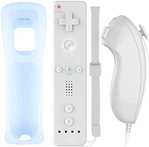 Wii Wireless Remote Motion Controller y Nunchuk - Mando de repuesto para mando de juego con funda de silicona y correa compatible con Nintendo Wii y Wii U (blanco)