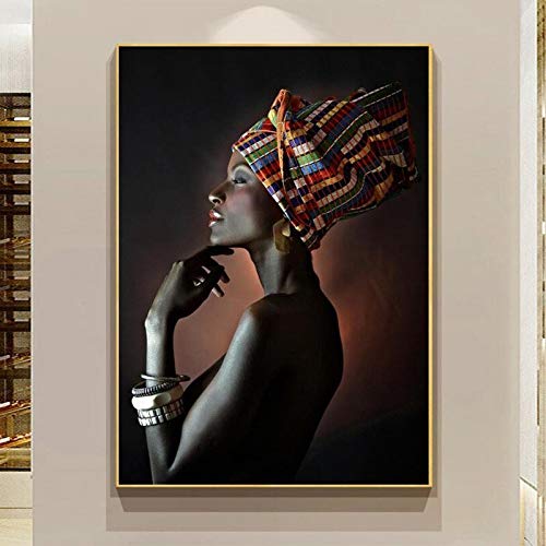 wZUN Chica Negra con Joyas de Plata Pintura de Lienzo de Arte Africano en los Carteles de Arte de Pared e Impresiones en la Imagen de Lienzo de la Sala de Estar 60x90 Sin Marco