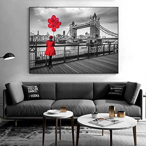 wZUN Pintura al óleo Moderna del Puente de Londres Negro y Rojo sobre Lienzo, Carteles e Impresiones, Imagen de Sala de Estar de Pared escandinava 50x70cm