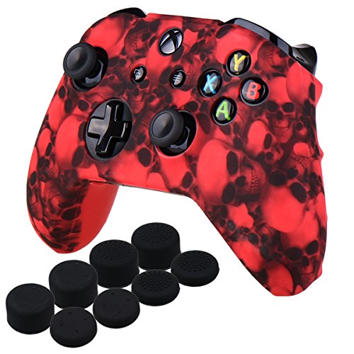 YoRHa Cráneo Impresión de transferencia de agua silicona caso piel Fundas protectores cubierta para Xbox One X & Xbox One S controller Mando x 1 (Rojo) Con PRO los puños pulgar thumb grips x 8